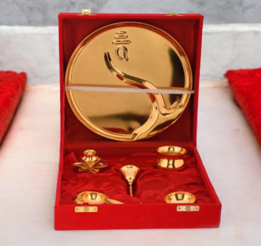 Gold Plated Stainless Steel Pooja Thali with Brass Accessories