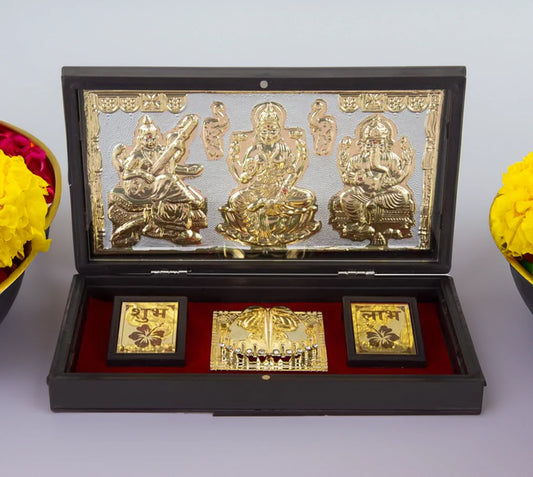 Laxmi, Ganesha, Saraswati Gold & Silver Plated Charan Paduka in Box