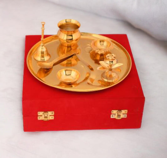 Gold Plated Stainless Steel Pooja Thali with Brass Accessories