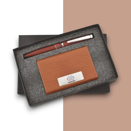 Brown Pen & Steel Plated Card Holder Set