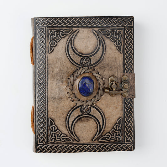 Vintage Leather Journal with Third Eye Crystal Stone and Triple Moon Design