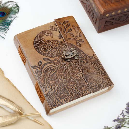 Peacock Elegance Brown Leather Diary with Locking System