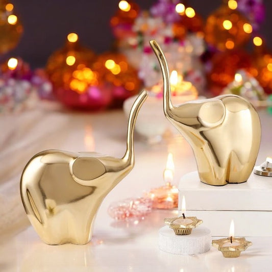 Elegant Elephant Figurine And Lotus Candle Set - Set Of 2 - Gold