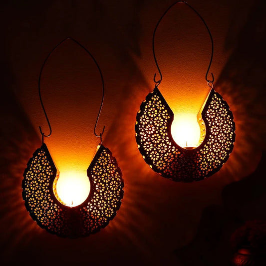 Chandrakala Design Hanging Tea Light Holder With Candle - Set Of 2